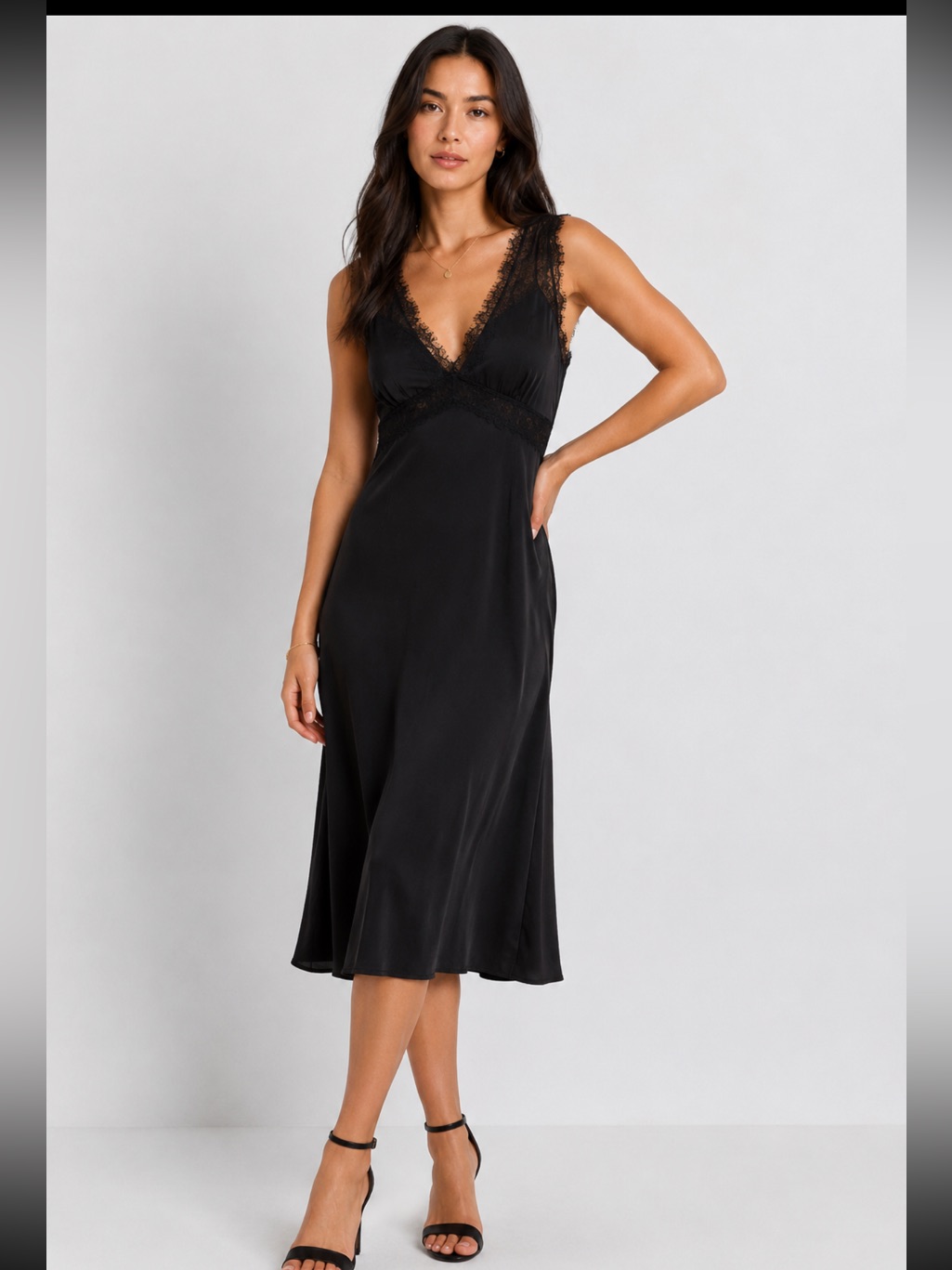 Nwot- Express Black Midi Slip Dress With Lace Trim. M